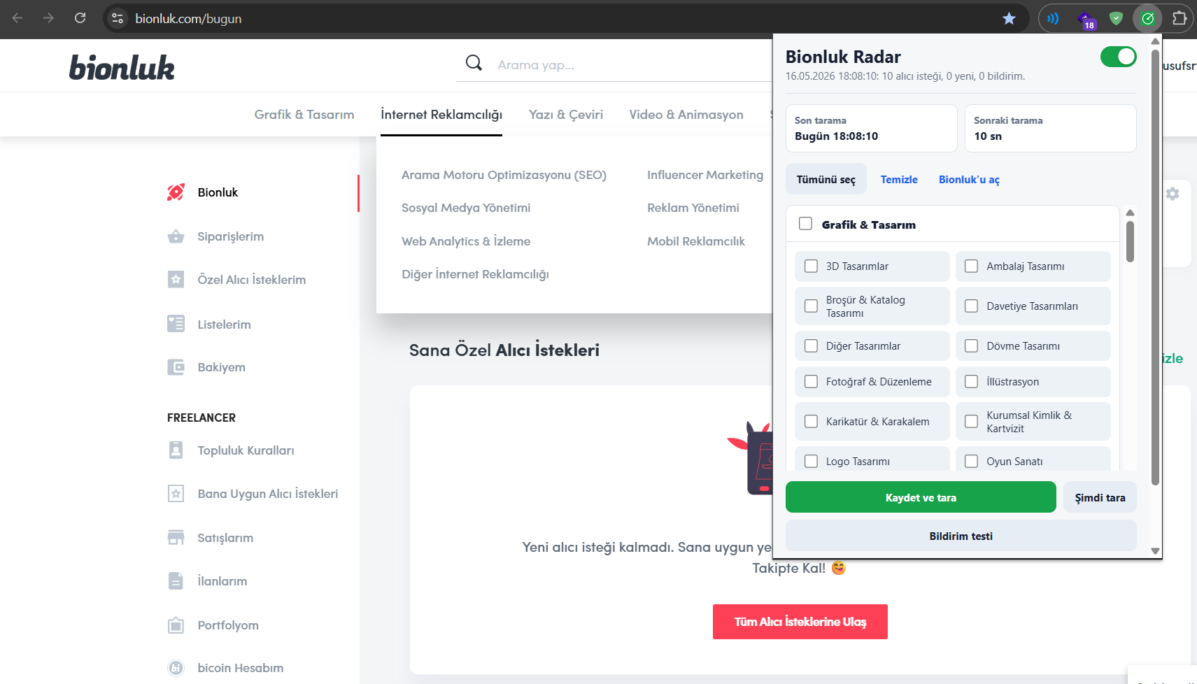 Bionluk Radar Chrome Extension(eklenti)